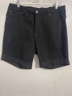 Women’s Slim-Sation Black Distress Denim Button Up Burmuda Shorts Size 12